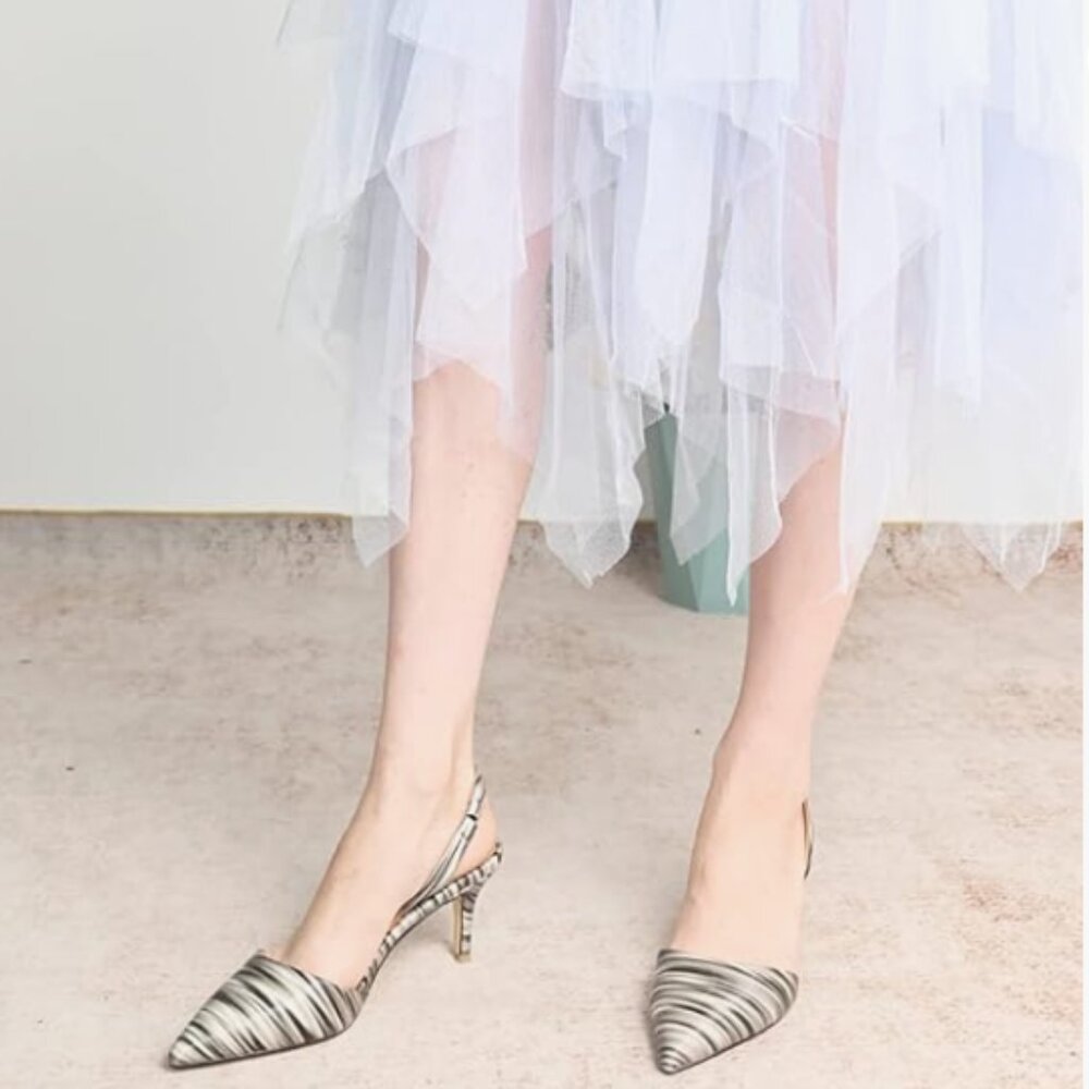 FSJ Grey Marbling Kitten Heel Pointed Toe Slingback Sandals Comfy Shoes